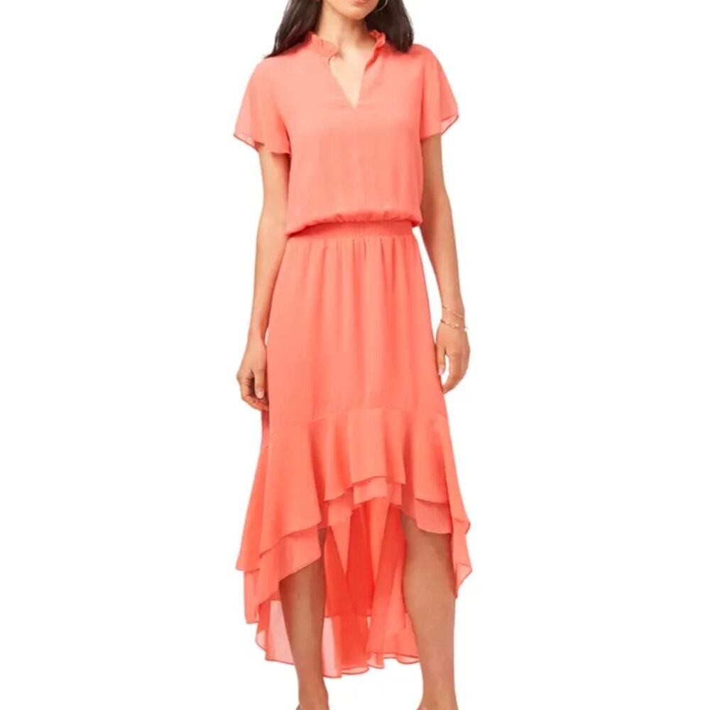 NWT 1 State WildFlower Bouquet High Low Short Sleeve Midi Dress in Cameo Coral L